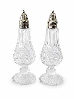 Vintage Crystal Salt & Pepper Shakers Silver Plate Tops Diamond Cut 7.5” Pair